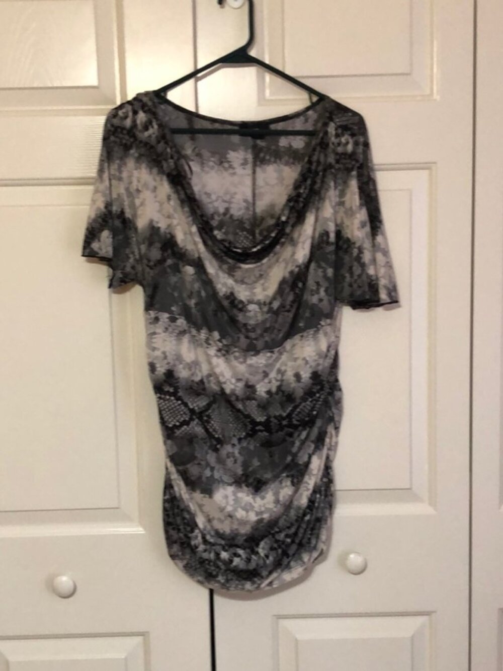 Gray Black Snake Floral Cowl Neck Ruched Top